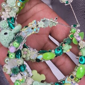 Green Beaded Hoop Junk Bamboo Earrings